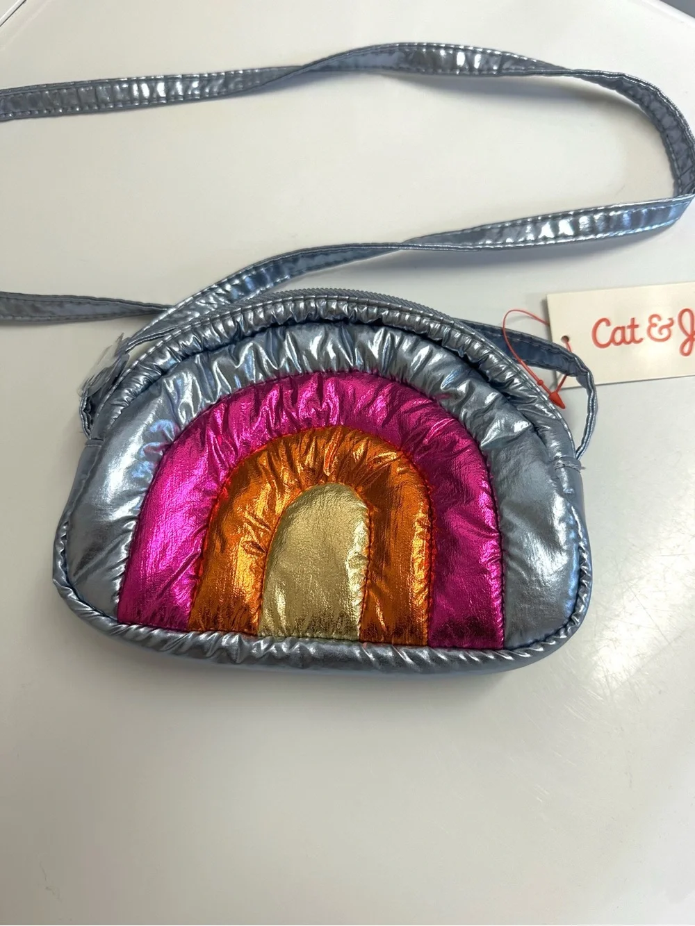 NWT Cat & Jack Puffy Metallic Blue Rainbow Crossbody Bag Purse for Girls
